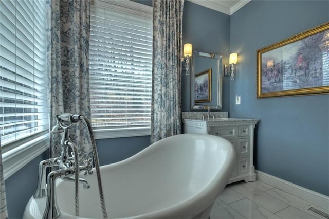 full bath with baseboards, visible vents, ornamental molding, marble finish floor, and vanity