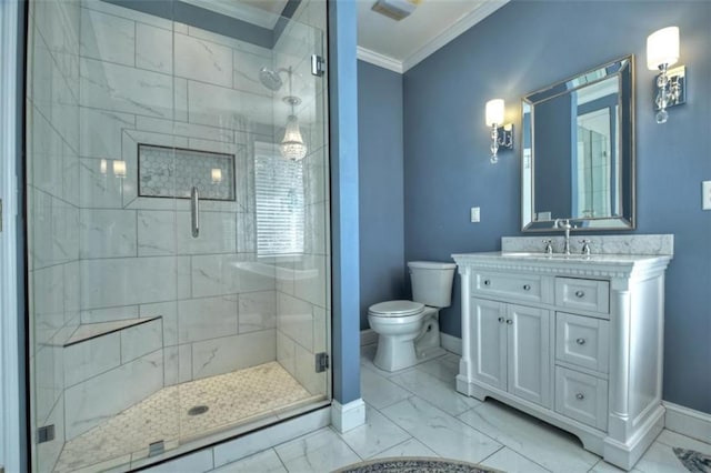 full bathroom with ornamental molding, marble finish floor, a shower stall, and baseboards