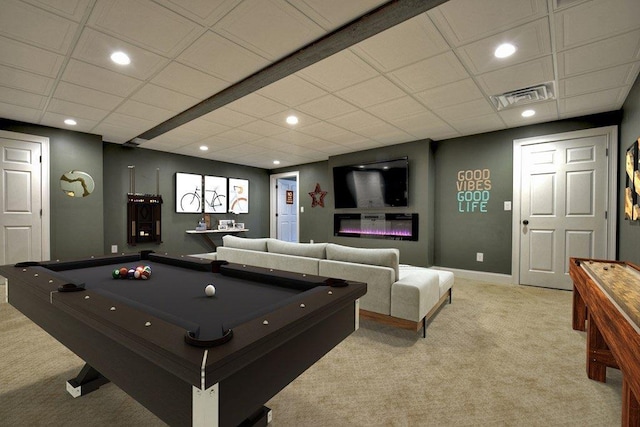 playroom featuring light colored carpet, visible vents, a paneled ceiling, and recessed lighting