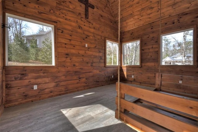 interior space featuring vaulted ceiling, wood walls, and wood finished floors