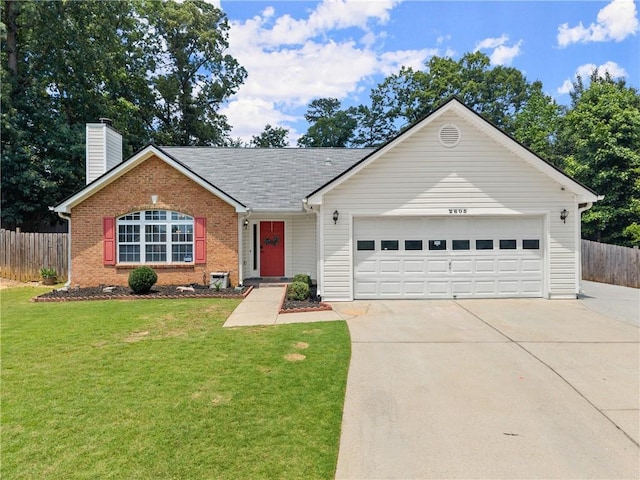 2605 Fort Apachee Trl, Dacula, GA 30019 - single story home featuring brick siding, concrete driveway, a garage, a chimney, and roof with shingles