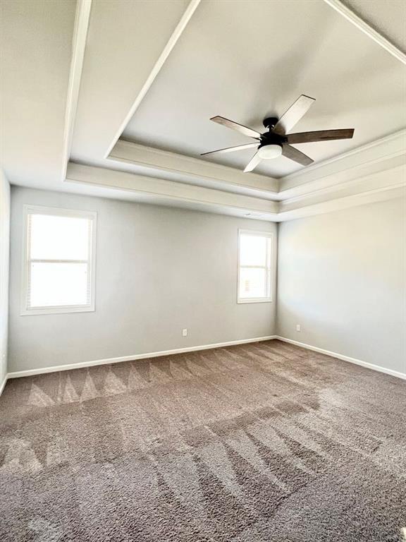 2300 Ivy Birch Ln, Buford, GA 30519 - carpeted spare room featuring a raised ceiling, a ceiling fan, and crown molding