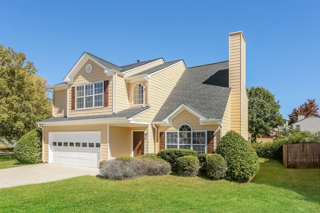 traditional-style house featuring a garage, driveway, a chimney, and roof with shingles