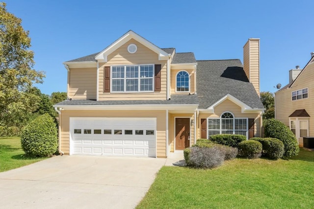 traditional-style house with a garage, a front lawn, concrete driveway, and roof with shingles
