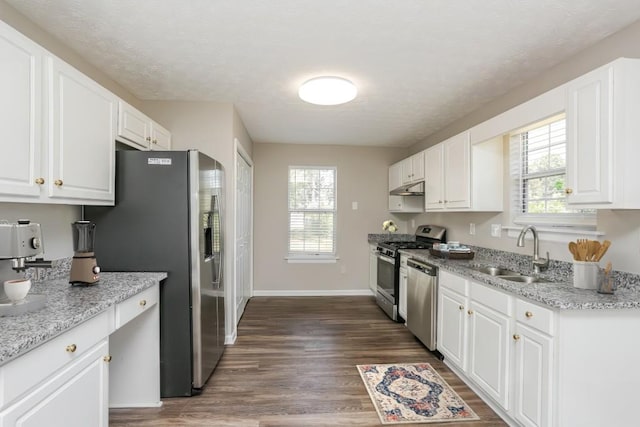 kitchen with a sink, stainless steel appliances, dark wood-style flooring, under cabinet range hood, and white cabinets