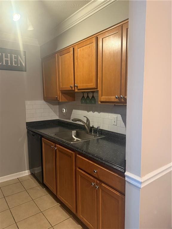 3120 Seven Pines Ct Unit 203, Atlanta, GA 30339 - kitchen featuring dishwasher, dark countertops, backsplash, light tile patterned floors, and brown cabinets