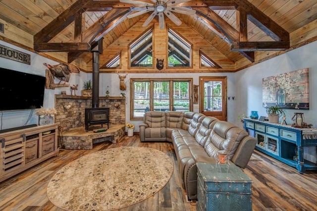 living room with wood ceiling, high vaulted ceiling, beamed ceiling, hardwood / wood-style floors, and a wood stove