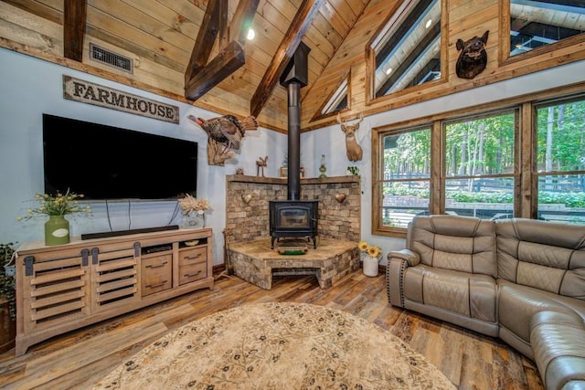 living room featuring a wood stove, beamed ceiling, high vaulted ceiling, wood-type flooring, and wood ceiling