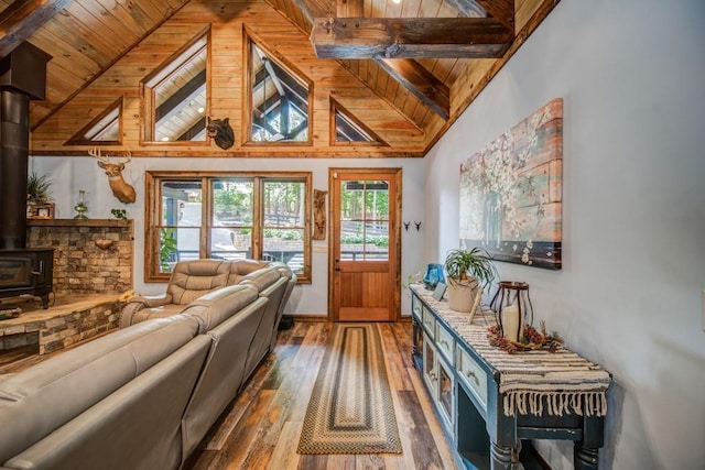 living room with wood ceiling, wood-type flooring, high vaulted ceiling, beamed ceiling, and a wood stove