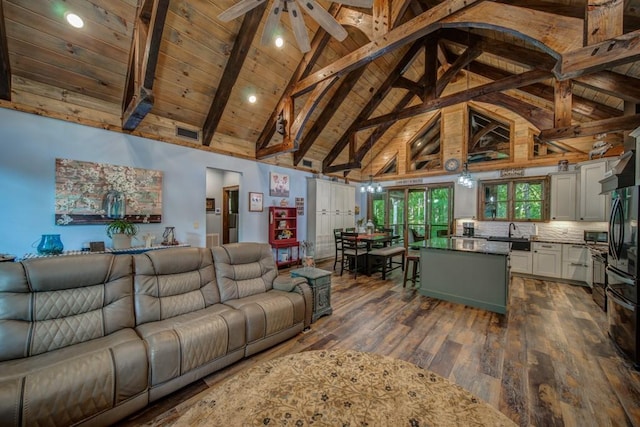 living room featuring ceiling fan, beam ceiling, high vaulted ceiling, wooden ceiling, and dark hardwood / wood-style floors