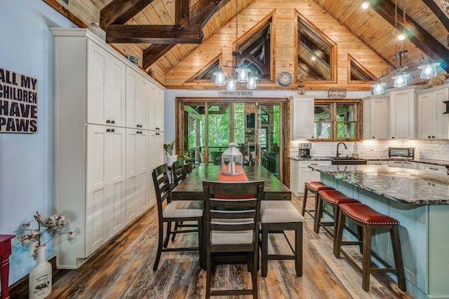 dining room with beamed ceiling, dark hardwood / wood-style flooring, wooden ceiling, and sink