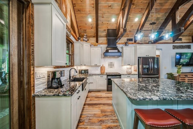 kitchen with sink, wooden ceiling, white cabinets, custom range hood, and appliances with stainless steel finishes