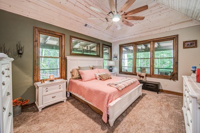 carpeted bedroom with ceiling fan, wooden ceiling, and lofted ceiling