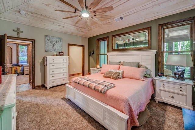 carpeted bedroom featuring vaulted ceiling, ceiling fan, and wooden ceiling