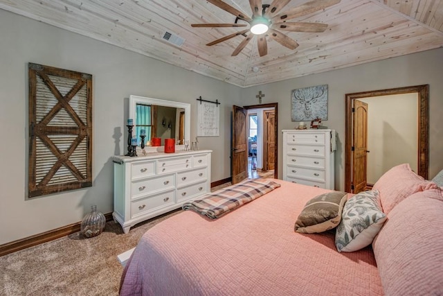 carpeted bedroom with ceiling fan, wood ceiling, and lofted ceiling