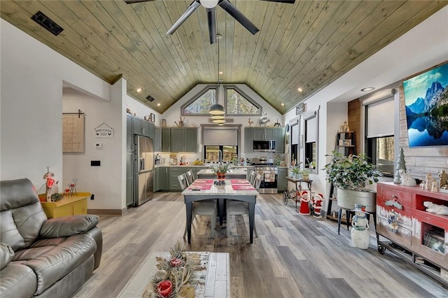 rec room featuring light hardwood / wood-style floors, high vaulted ceiling, ceiling fan, and wood ceiling