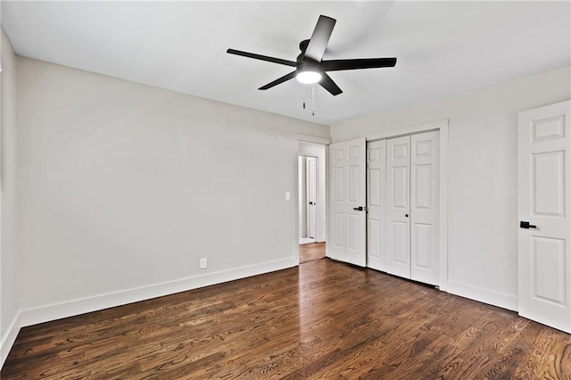 1887 Shalimar Dr, Atlanta, GA 30345 - unfurnished bedroom featuring baseboards, dark wood-style flooring, a closet, and ceiling fan