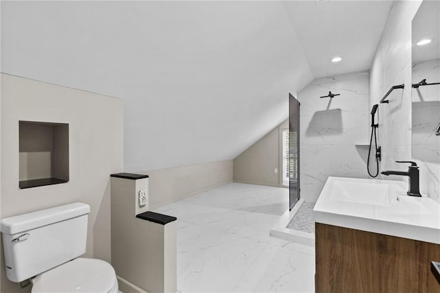 1887 Shalimar Dr, Atlanta, GA 30345 - full bathroom with marble tiled flooring, toilet, a marble finish shower, vanity, and vaulted ceiling