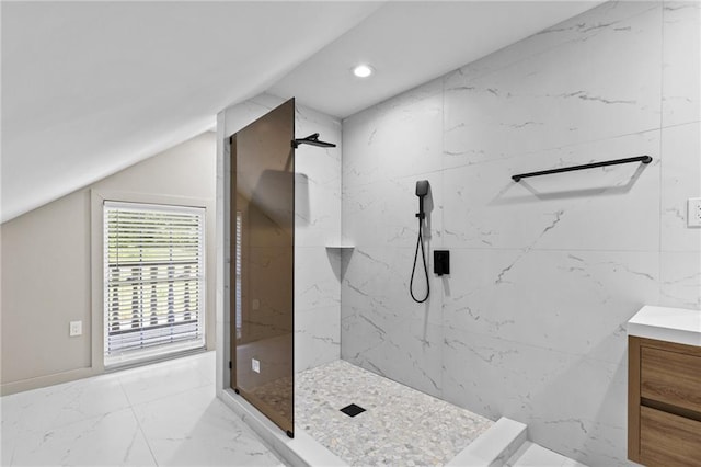 1887 Shalimar Dr, Atlanta, GA 30345 - full bath featuring marble finish flooring, vanity, a marble finish shower, recessed lighting, and lofted ceiling