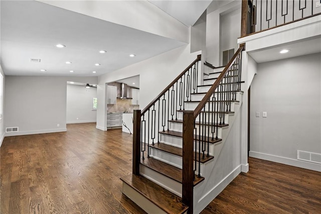 1887 Shalimar Dr, Atlanta, GA 30345 - stairway with a ceiling fan, baseboards, wood finished floors, and recessed lighting