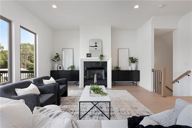 living room featuring a fireplace and light hardwood / wood-style flooring