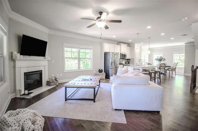 1420 Baygreen Rd, Suwanee, GA 30024 - living room featuring crown molding, a ceiling fan, a fireplace with flush hearth, baseboards, and dark wood finished floors