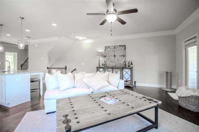 1420 Baygreen Rd, Suwanee, GA 30024 - living area with ornamental molding, dark wood-style floors, ceiling fan, recessed lighting, and baseboards