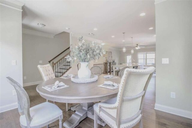 1420 Baygreen Rd, Suwanee, GA 30024 - dining area featuring baseboards, ceiling fan, wood finished floors, ornamental molding, and recessed lighting