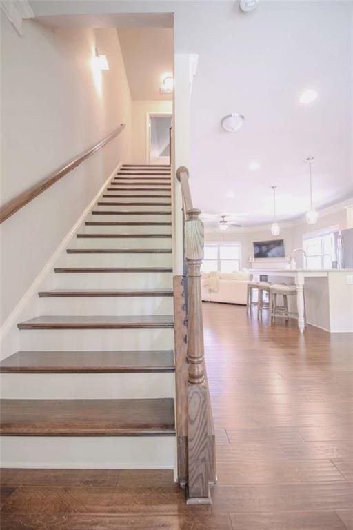 1420 Baygreen Rd, Suwanee, GA 30024 - stairs with healthy amount of natural light, wood finished floors, and ceiling fan