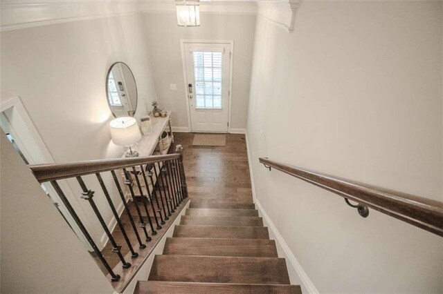 1420 Baygreen Rd, Suwanee, GA 30024 - stairs with wood finished floors, ornamental molding, and baseboards