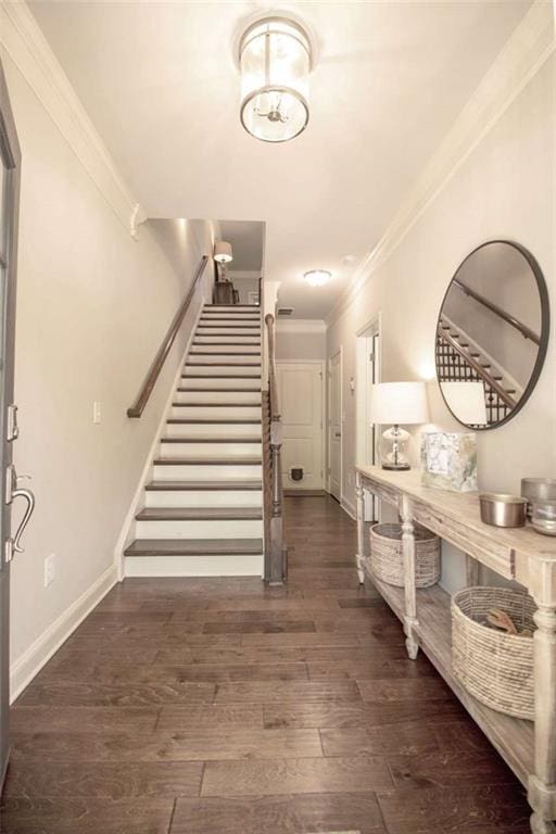 1420 Baygreen Rd, Suwanee, GA 30024 - entryway with stairs, crown molding, wood finished floors, and baseboards