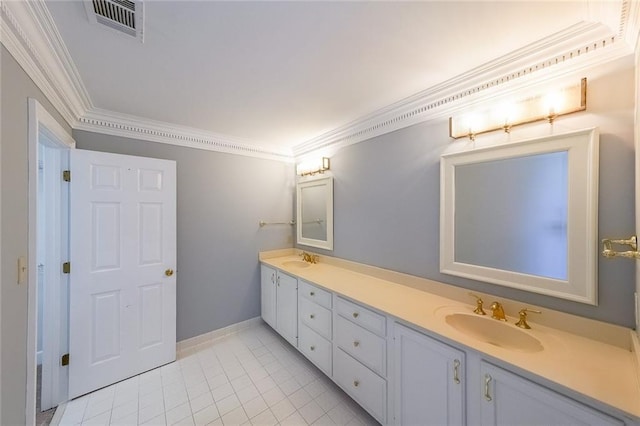 bathroom with tile patterned floors, vanity, and ornamental molding