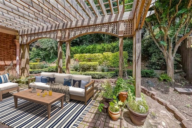 view of patio with outdoor lounge area and a pergola