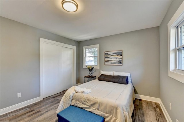 bedroom with wood-type flooring, a closet, and multiple windows