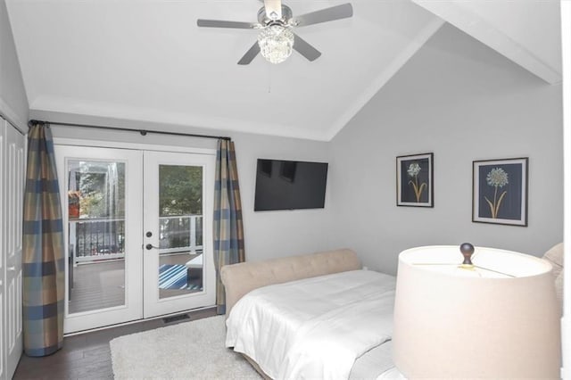 bedroom featuring ceiling fan, access to outside, dark wood-type flooring, lofted ceiling, and french doors