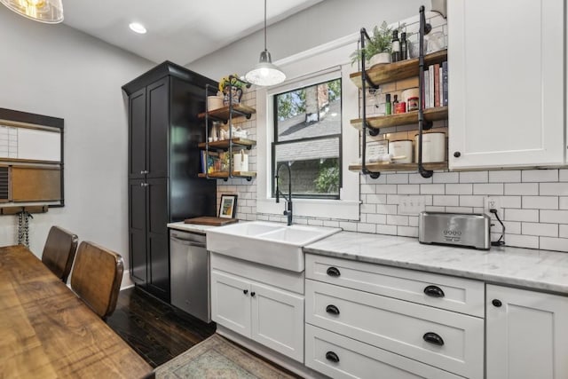kitchen with open shelves, stainless steel dishwasher, a sink, dark wood finished floors, and backsplash