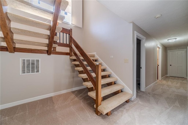 stairway featuring carpet