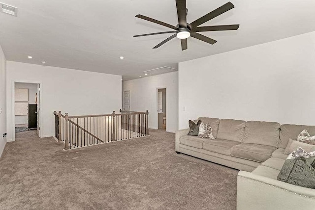 939 Brittfield Way, Loganville, GA 30052 - living room featuring attic access, carpet flooring, a ceiling fan, and recessed lighting