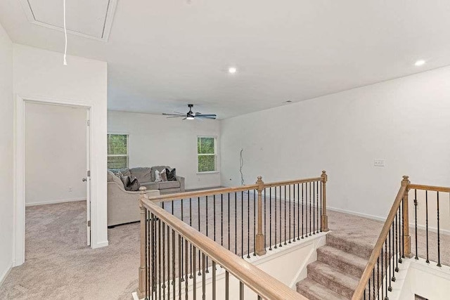 939 Brittfield Way, Loganville, GA 30052 - hallway featuring attic access, light carpet, an upstairs landing, and recessed lighting