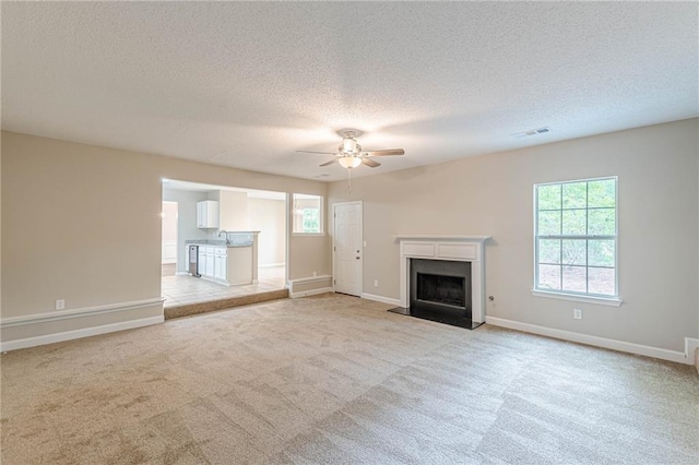 105 Kentwood Springs Dr, Hampton, GA 30228 - unfurnished living room with a textured ceiling, ceiling fan, and light colored carpet
