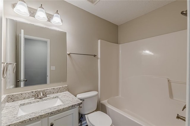 105 Kentwood Springs Dr, Hampton, GA 30228 - bathroom featuring toilet, a textured ceiling, visible vents, vanity, and shower / bathtub combination