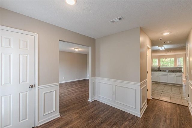 105 Kentwood Springs Dr, Hampton, GA 30228 - hall featuring a textured ceiling, wainscoting, visible vents, a sink, and dark wood-style floors