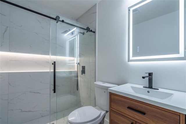 full bathroom with a marble finish shower, vanity, toilet, and visible vents