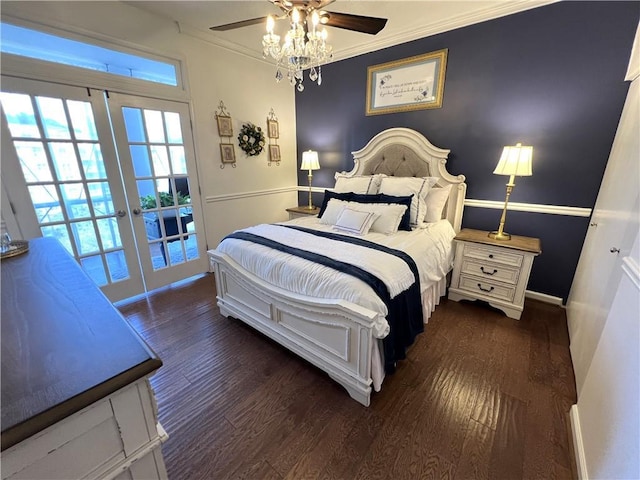 bedroom with access to outside, french doors, ceiling fan, ornamental molding, and dark hardwood / wood-style flooring