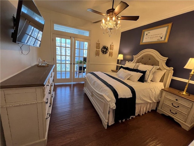 bedroom with french doors, access to outside, ceiling fan, crown molding, and dark wood-type flooring