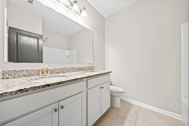 full bathroom with vanity,  shower combination, tile patterned floors, and toilet