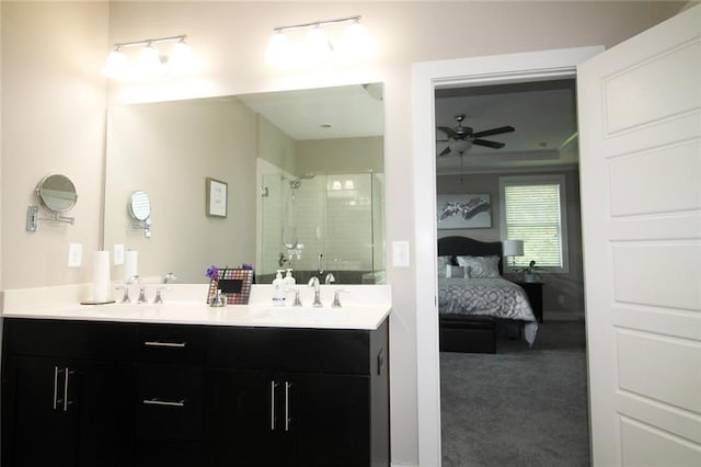 1976 Boyd Trace Ln NW, Atlanta, GA 30318 - ensuite bathroom with a stall shower, a ceiling fan, and double vanity