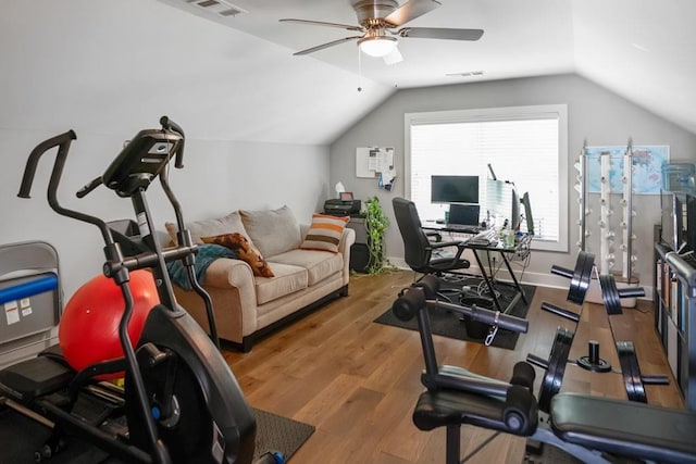 1976 Boyd Trace Ln NW, Atlanta, GA 30318 - exercise area featuring a ceiling fan, wood finished floors, and vaulted ceiling