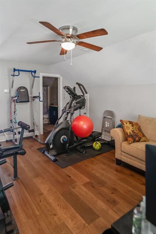 1976 Boyd Trace Ln NW, Atlanta, GA 30318 - workout room featuring ceiling fan, wood finished floors, and vaulted ceiling