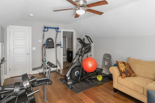 1976 Boyd Trace Ln NW, Atlanta, GA 30318 - workout area featuring wood finished floors, a ceiling fan, and lofted ceiling